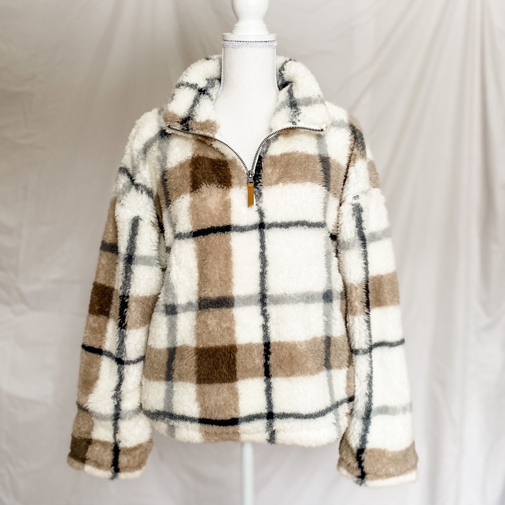 Neutral Plaid Sherpa Quarterzip
